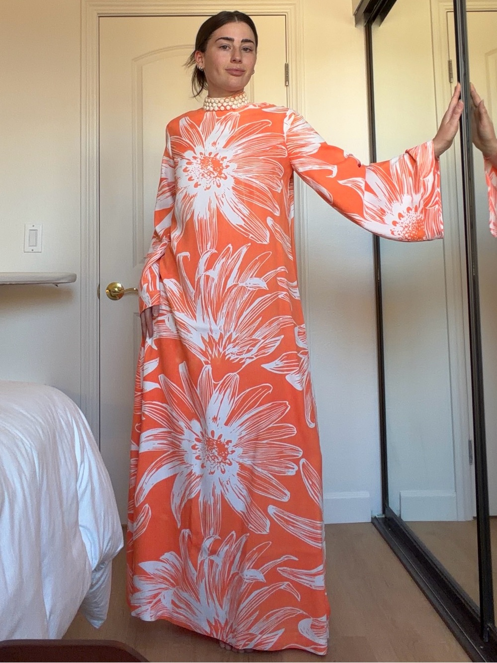 1960s Vintage Bold Floral Bell Sleeve Dress wedding guest dress